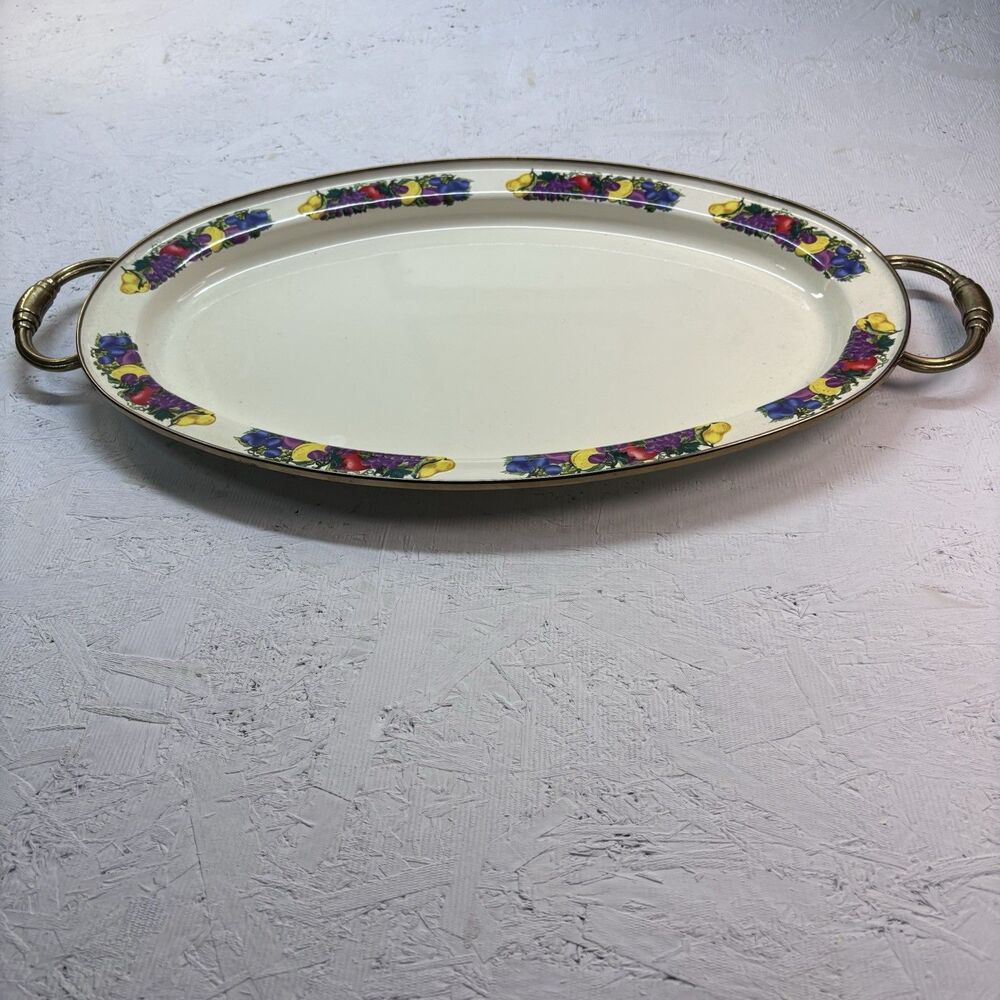 Vintage Oval Fruit Motif Serving Tray Brass Tone Handles Cream Enamel Metal Plat